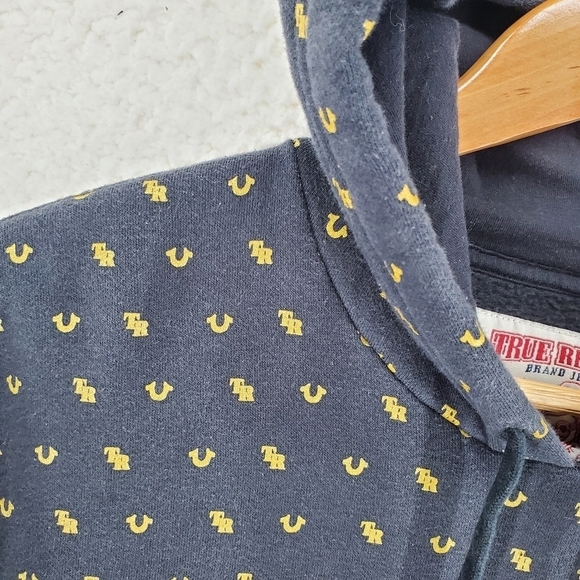 True Religion Hoodie Mens XL Black Gold Sweatshirt Monogram Pullover Streetwear - Picture 6 of 13